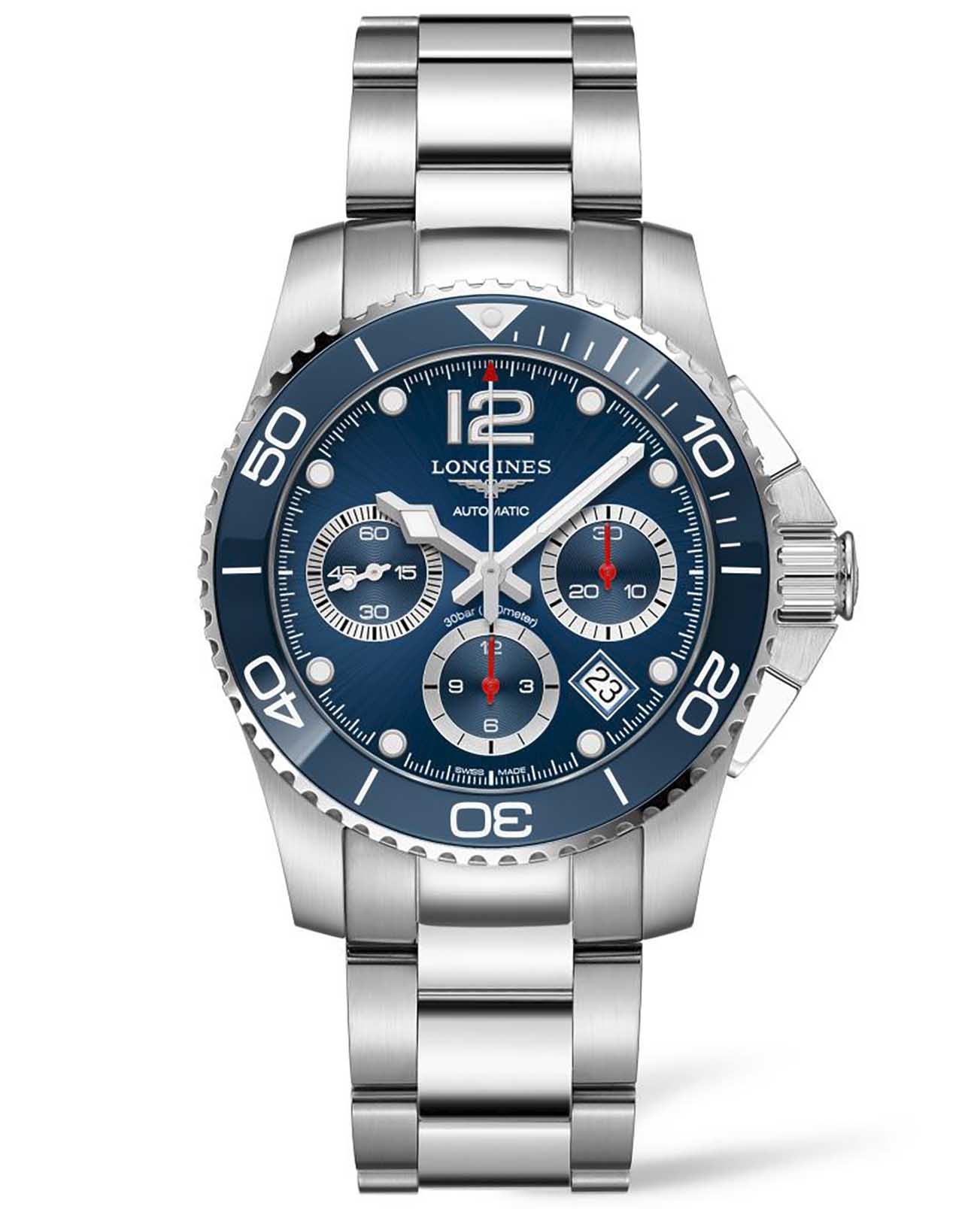 Longines Longines HydroConquest L3.783.4.96.6  L37834966 механические мужские часы синий циферблат, браслет нержавеющая сталь — вид спереди